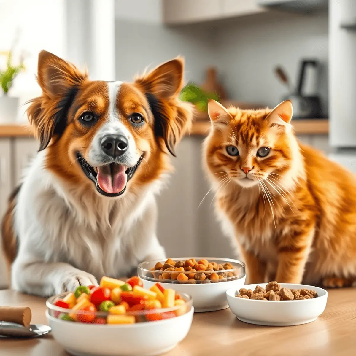 A happy dog and cat eating colorful pet food from bowls in a bright, clean kitchen, highlighting health and natural ingredients.