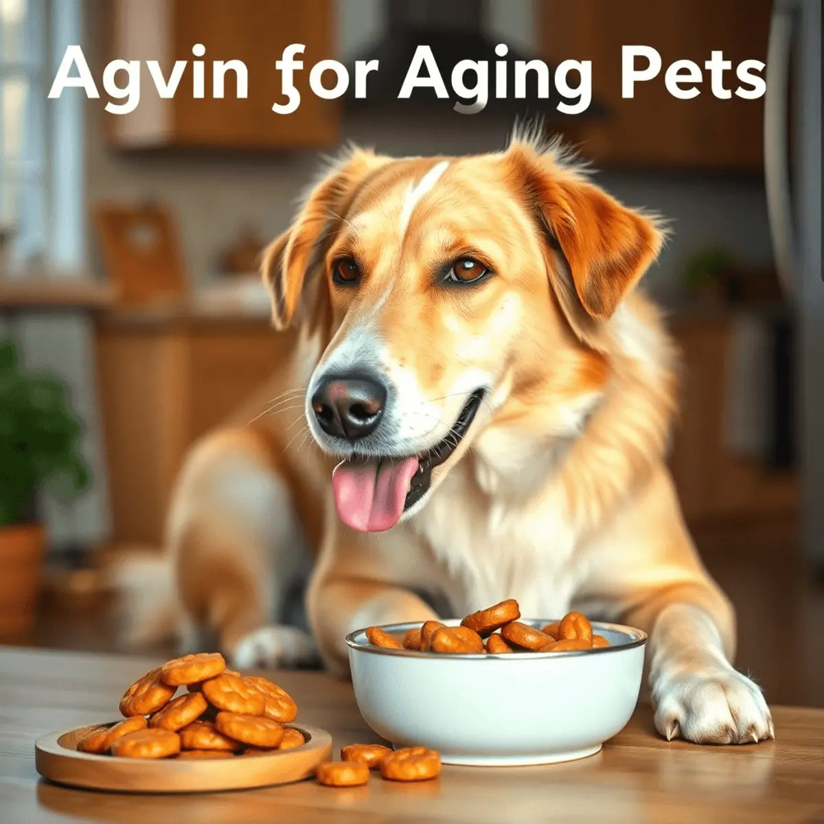A happy senior dog eating from a bowl in a cozy kitchen with healthy dog food and treats nearby, symbolizing care and nutrition for aging pets.