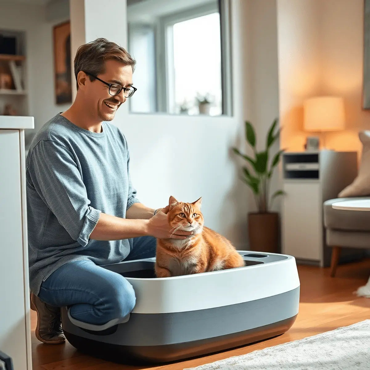 Cozy modern apartment interior with a person petting a relaxed cat near a sleek, odor-control cat litter area in a bright, tidy living space.