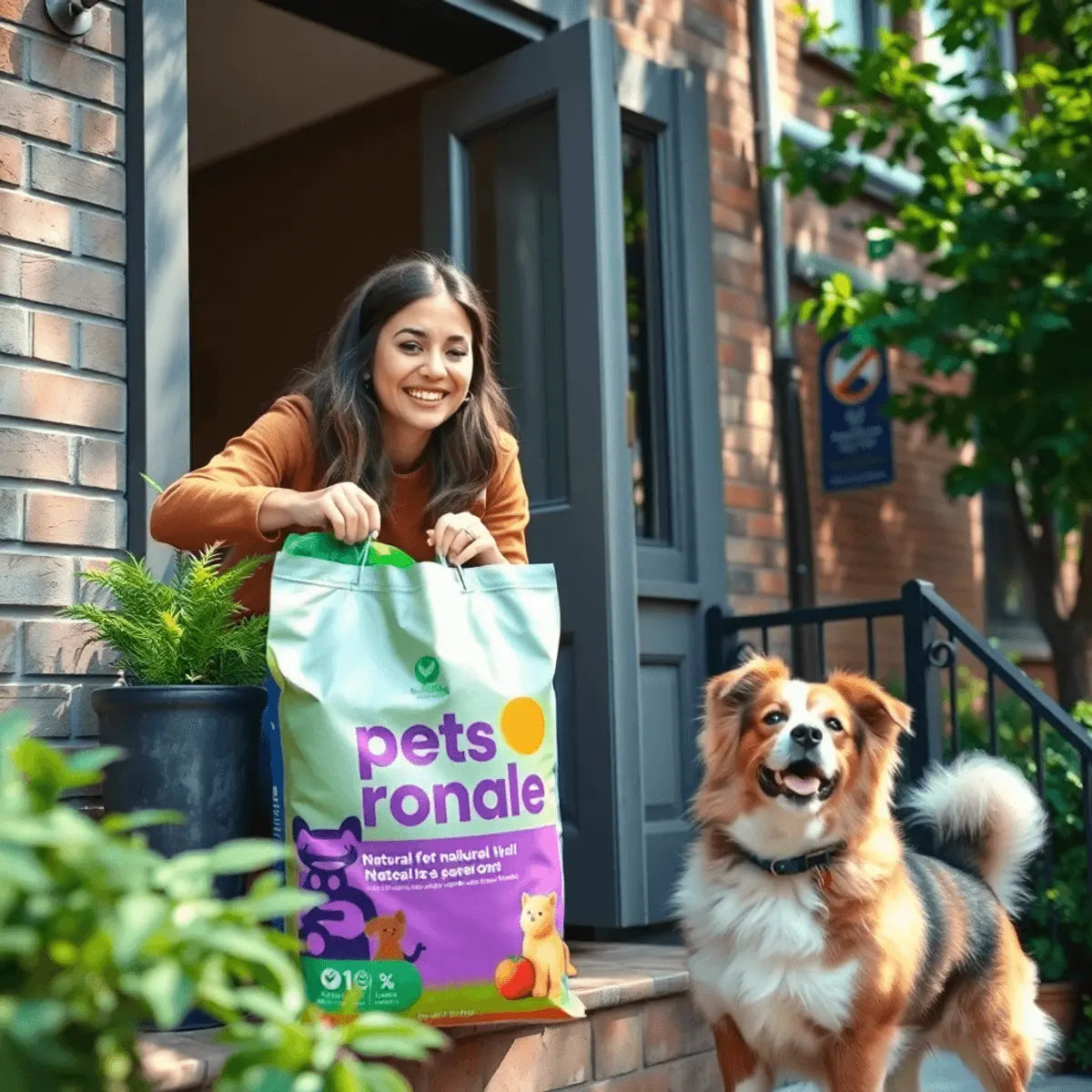 A joyful pet owner receiving colorful natural pet food at their doorstep with a happy dog nearby in a vibrant urban neighborhood.