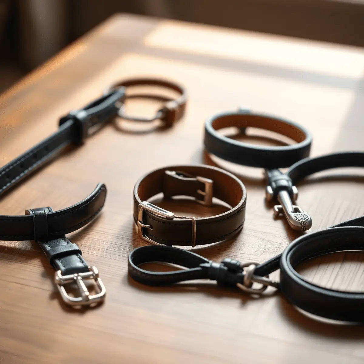 Elegant full-grain Italian leather pet collars and leashes displayed on wood, highlighted by soft natural light showcasing craftsmanship and premium quality.