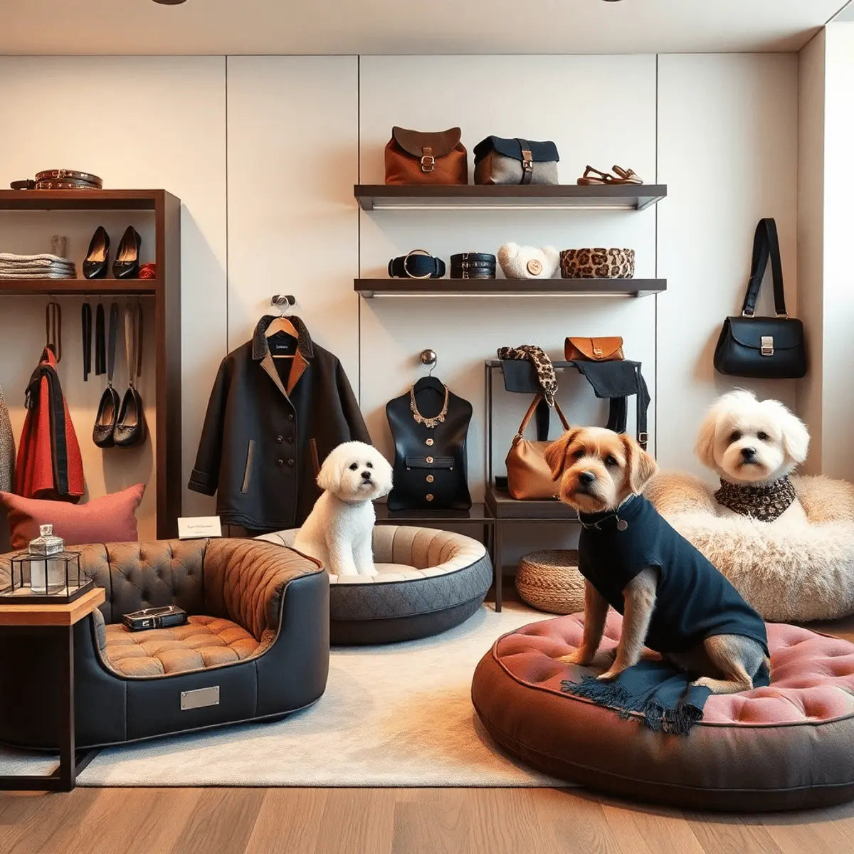 Luxury pet accessories including designer collars, elegant beds, and chic clothing displayed in a sophisticated setting with soft lighting.