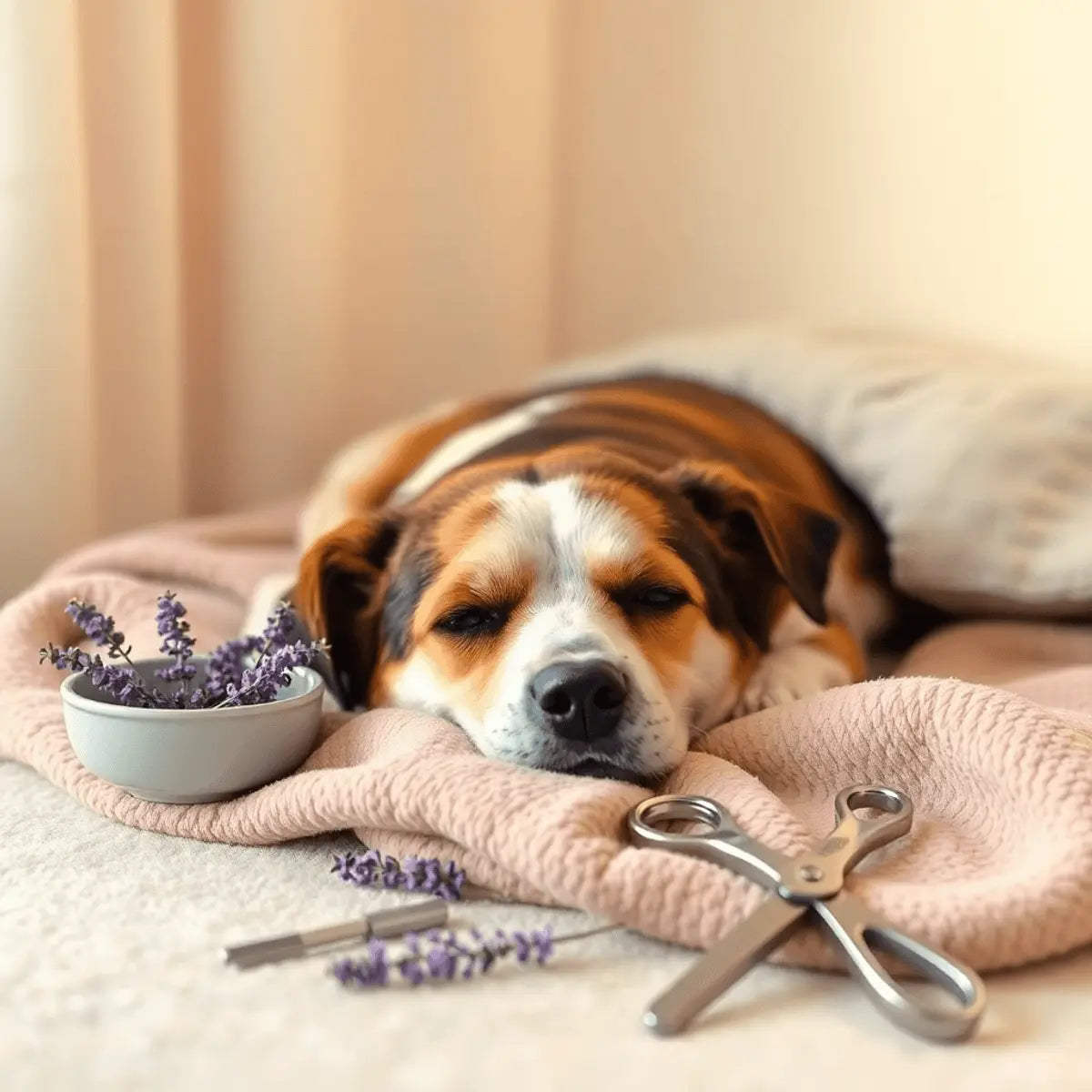 A calm dog resting on a soft blanket in a cozy room with lavender flowers and grooming tools nearby, creating a peaceful, relaxing atmosphere.