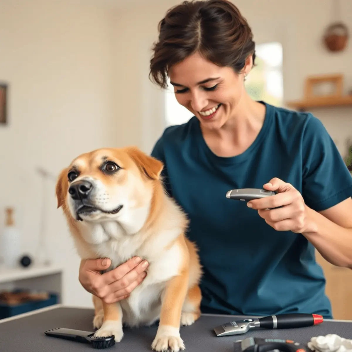 Person gently grooming a relaxed dog in a bright, cozy home with grooming tools visible, conveying a calm and positive pet care moment.