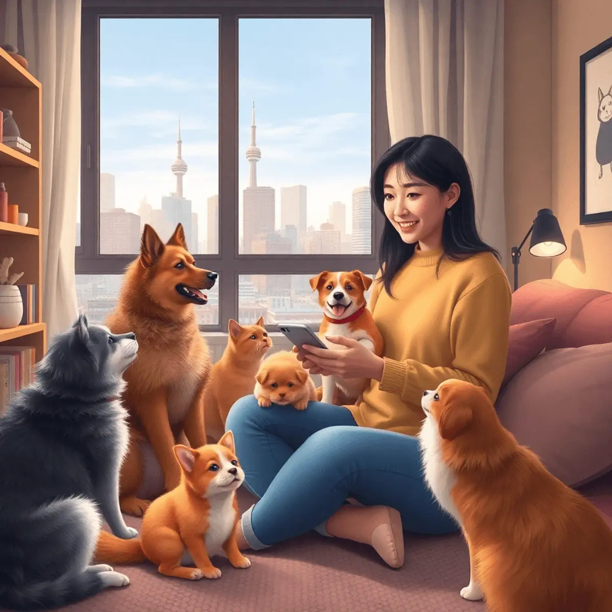 Happy woman in cozy apartment ordering pet supplies on smartphone, surrounded by playful dogs and cats, with Toronto skyline visible through window.