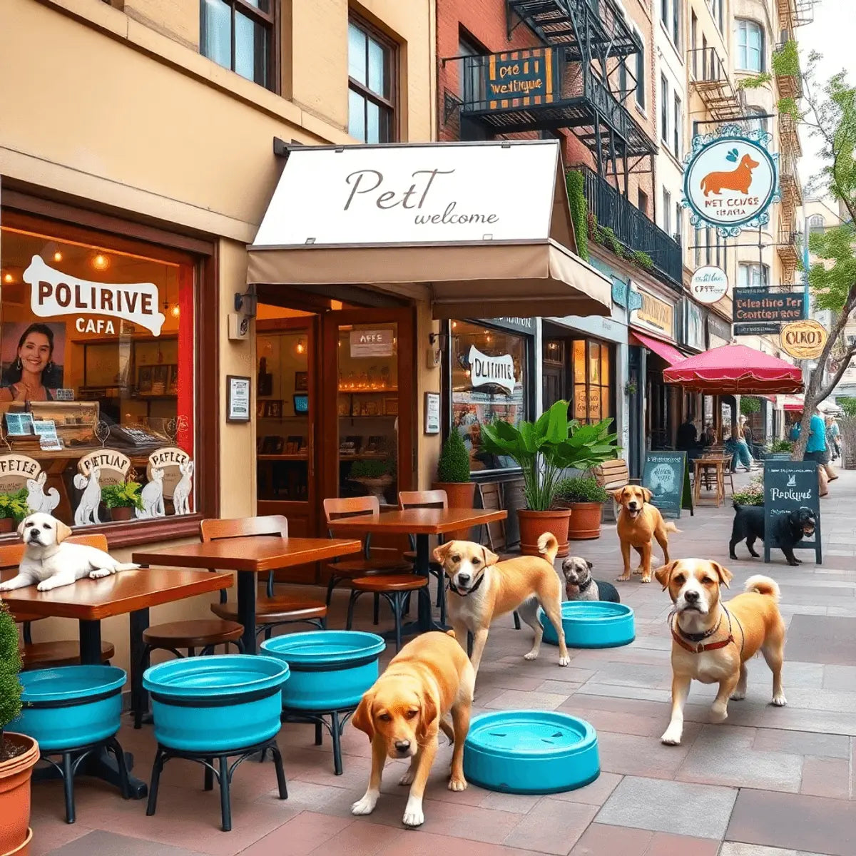 Cozy urban café patio with water bowls, happy dogs playing, and boutique shops displaying "pets welcome" signs in a lively street scene.