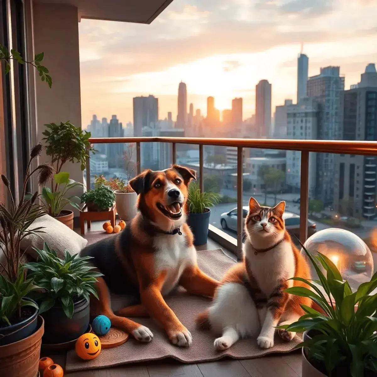 A cozy urban condo balcony with a dog and cat relaxing among plants and toys, overlooking a city skyline at sunset with warm, soft lighting.