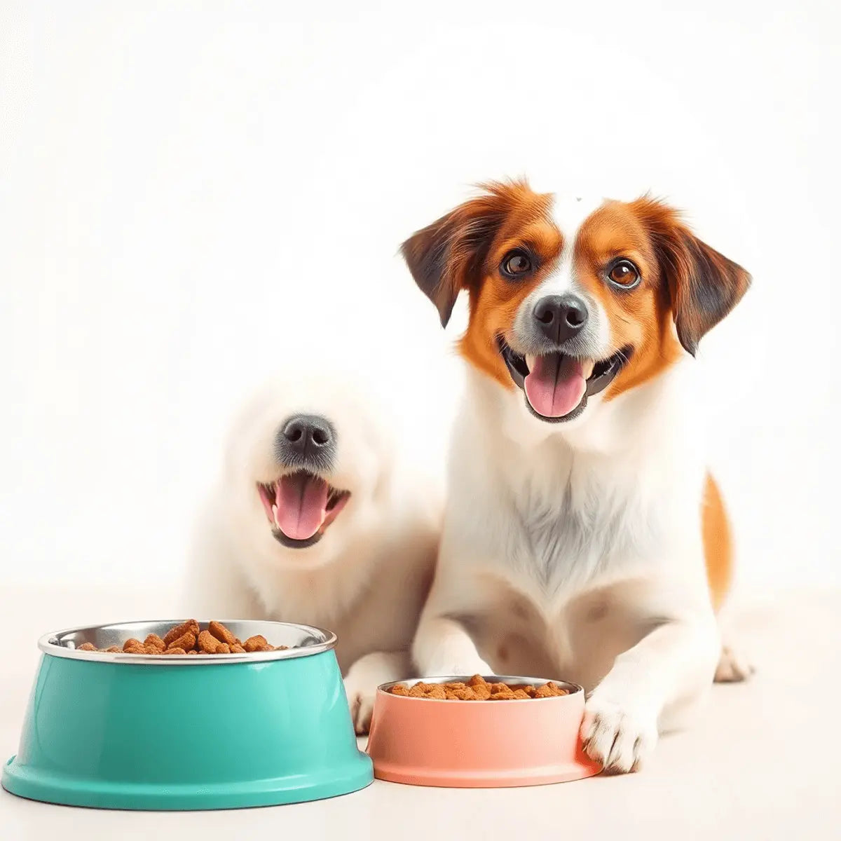 A happy, well-groomed dog with shiny fur sitting next to healthy pet food bowls on a bright, clean background.