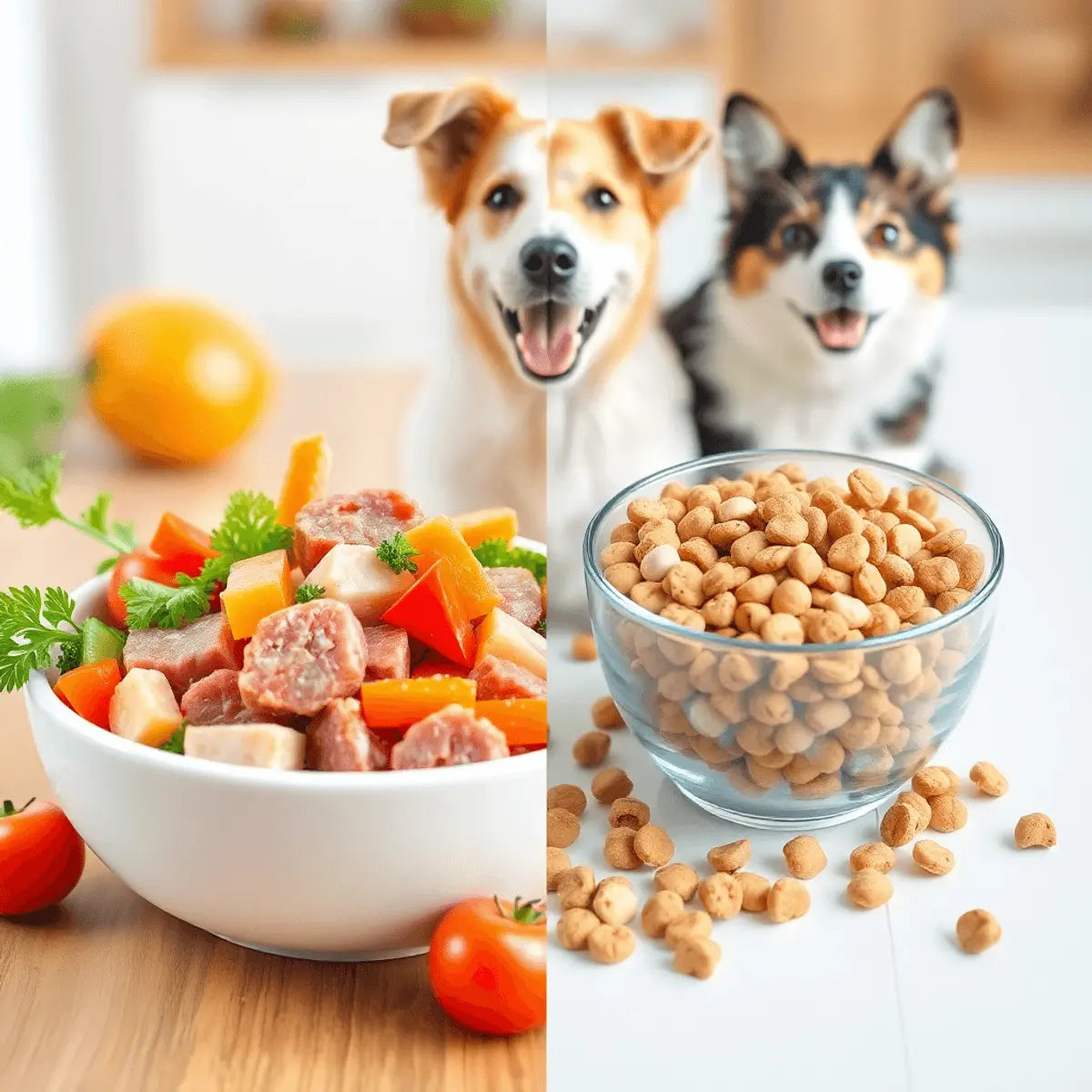 Split image of a bowl with fresh raw pet food and colorful veggies on one side, dry kibble on the other, with a happy dog and cat nearby.