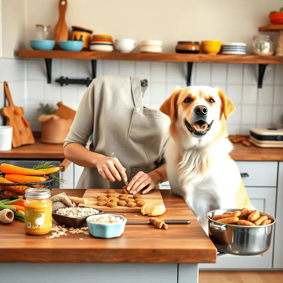 Person making dog treats on wooden counter with fresh ingredients, while a happy dog watches in a cozy kitchen filled with pet supplies.