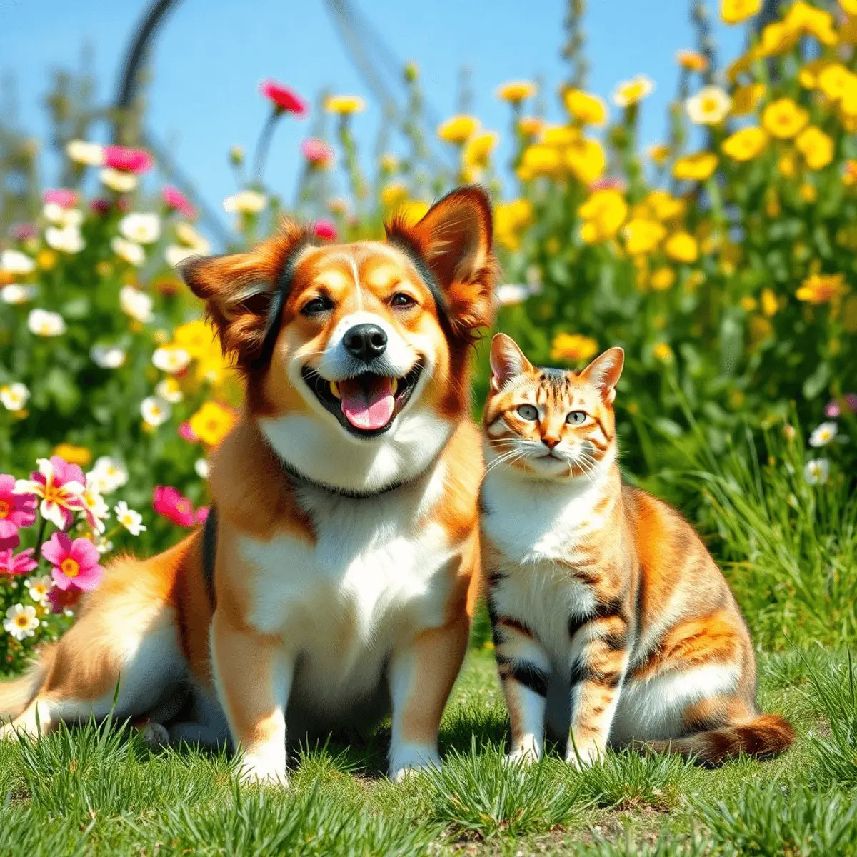 A happy dog and cat sitting together in a sunny garden with blooming flowers and green grass, both looking comfortable and healthy.