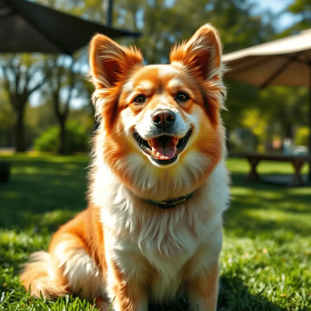 A happy dog with shiny fur sitting in a sunny green park, next to a water bowl and shaded areas, basking in soft sunlight with a relaxed expression.