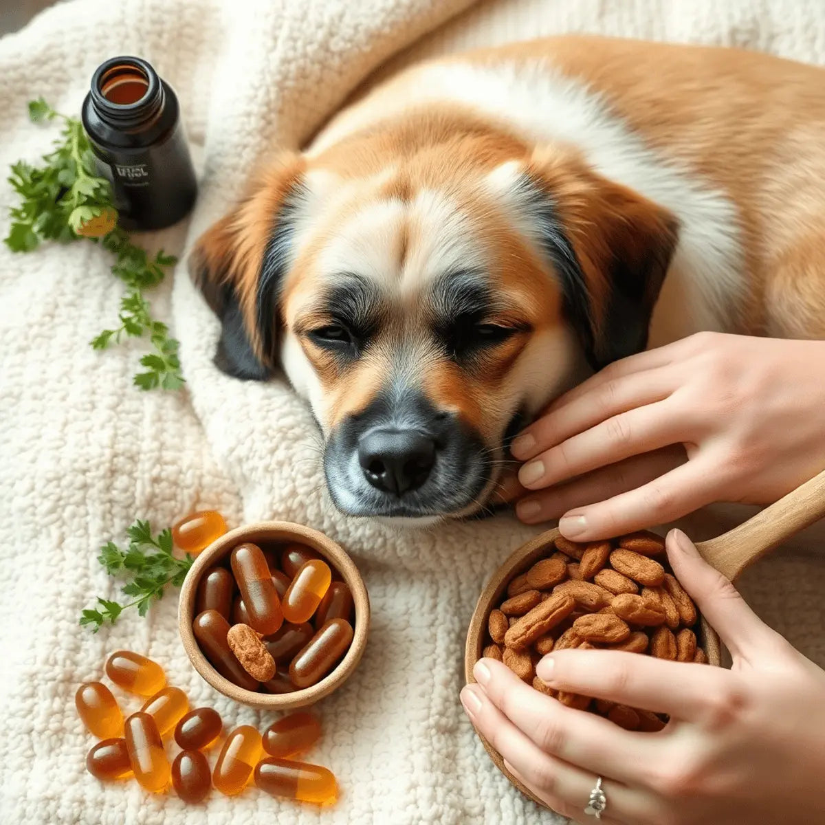 Senior dog resting on a plush blanket surrounded by herbs, fish oil capsules, nutritious food, grooming brushes, and gentle hands petting it.