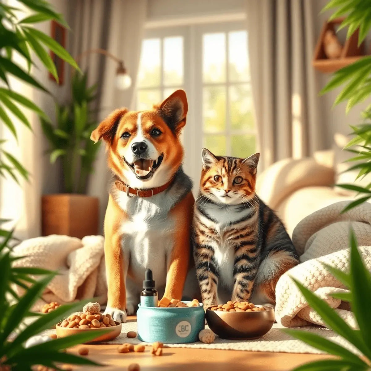 A happy dog and cat sit together in a sunlit cozy home, surrounded by hemp leaves, pet wellness items, bowls with treats, and soft blankets.
