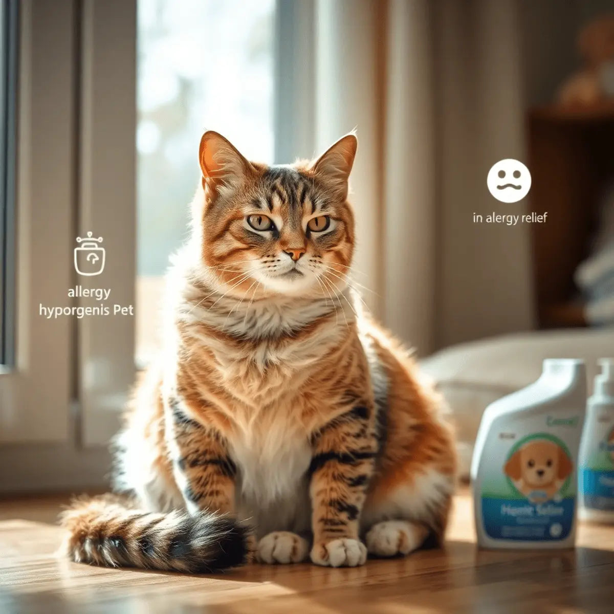 A calm cat sitting indoors with gentle natural light, clean surroundings, and hypoallergenic pet supplies nearby.