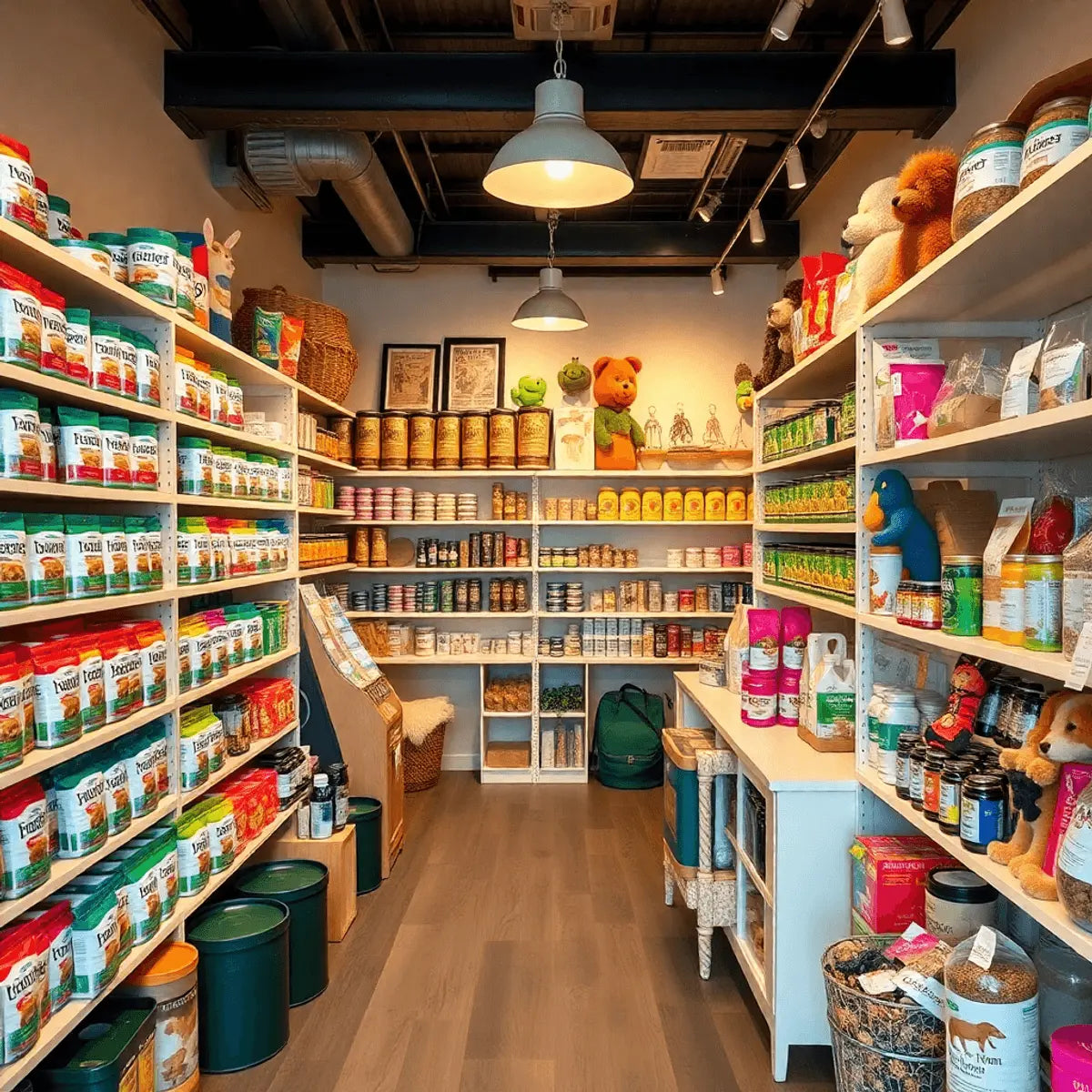 Bright pet boutique interior with shelves of colorful pet foods, natural supplements, unique toys, and warm lighting creating a cozy, community-focused atmosphe