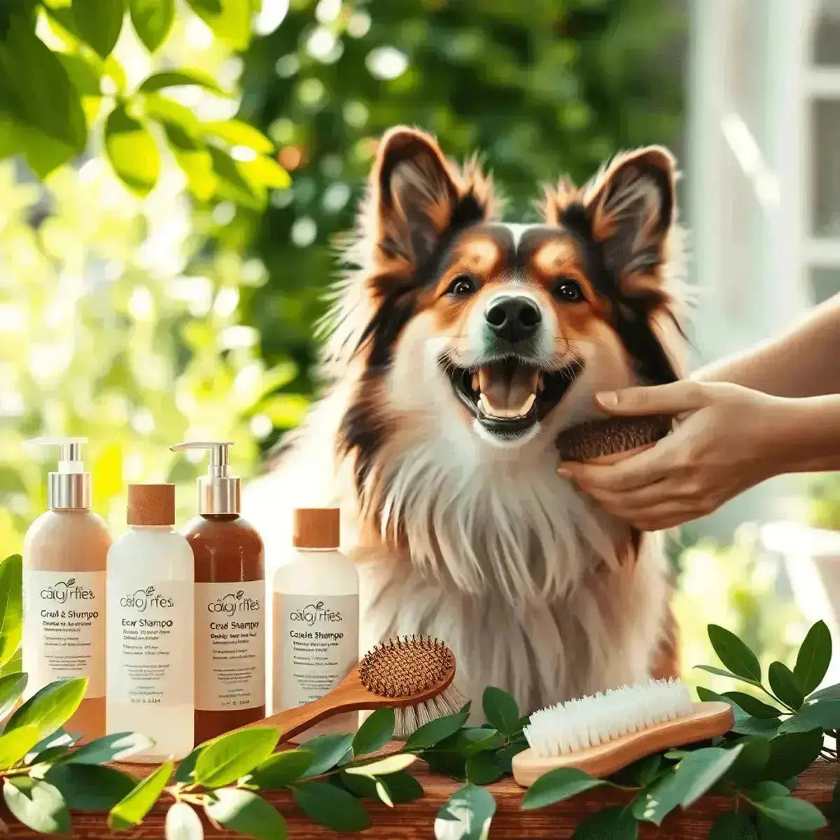 Happy dog being gently groomed outdoors with eco-friendly shampoo bottles, wooden brushes, green leaves, and soft natural light in a lush garden.