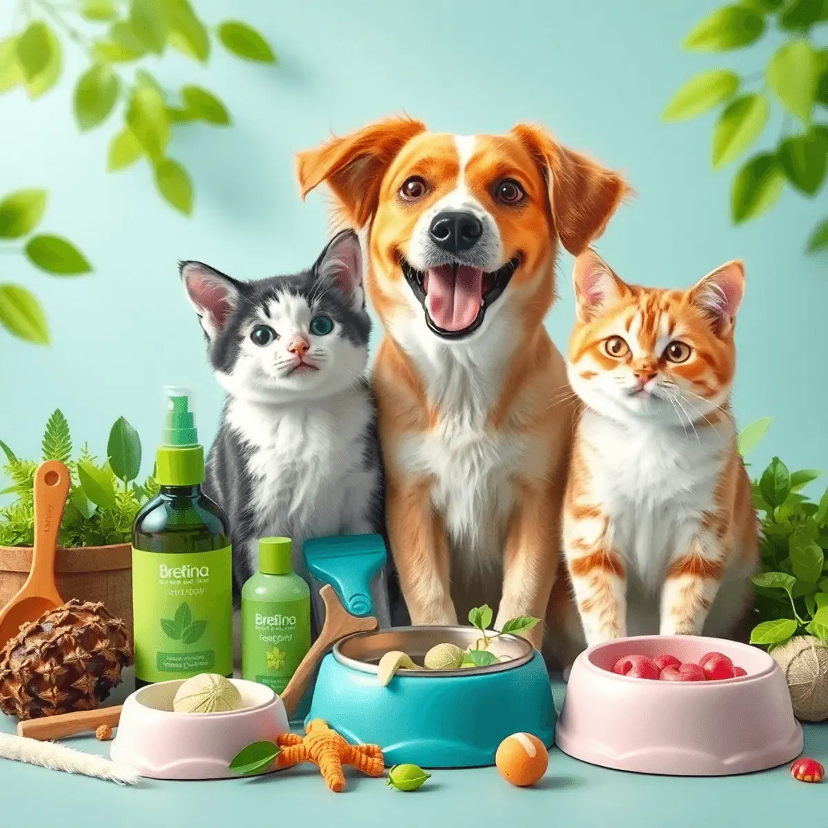 Happy dog and cat with sustainable pet products, including biodegradable grooming items and recycled toys, set against lush green background.