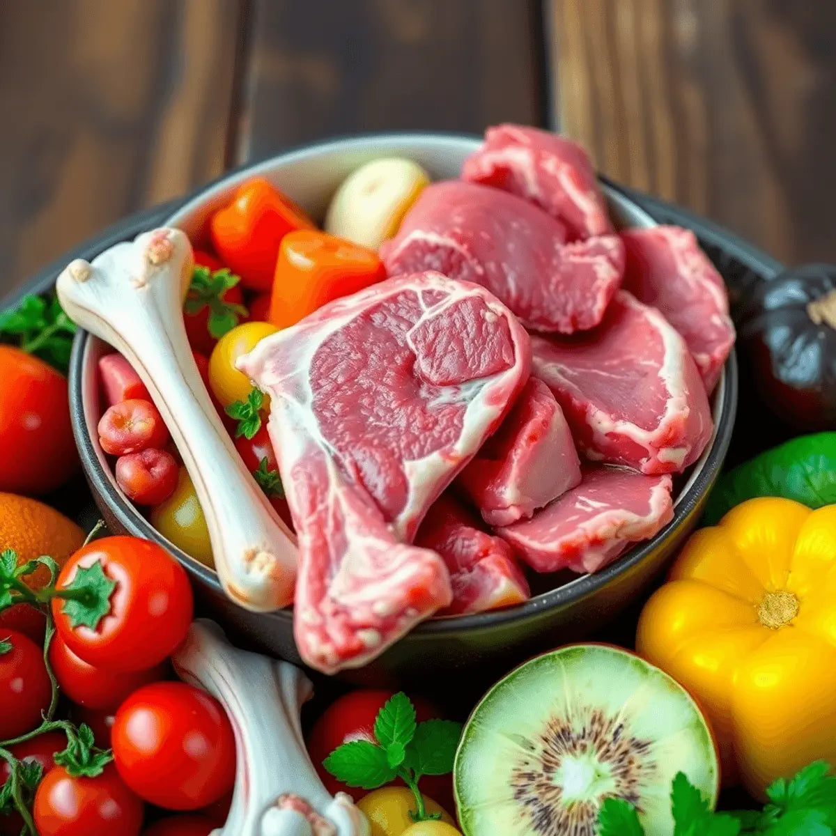 Close-up of a bowl with fresh raw dog food ingredients like meat, bones, colorful vegetables, and fruits on a wooden background.