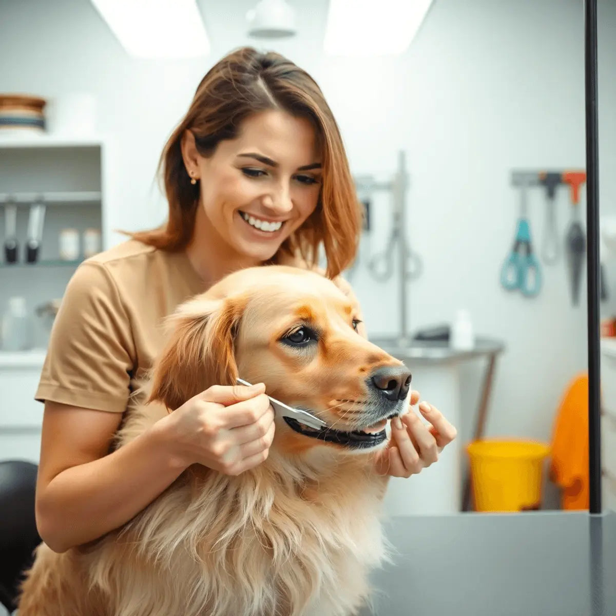 A woman gently trimming a calm golden retriever's nails in a bright, clean pet grooming salon with grooming tools in the background.