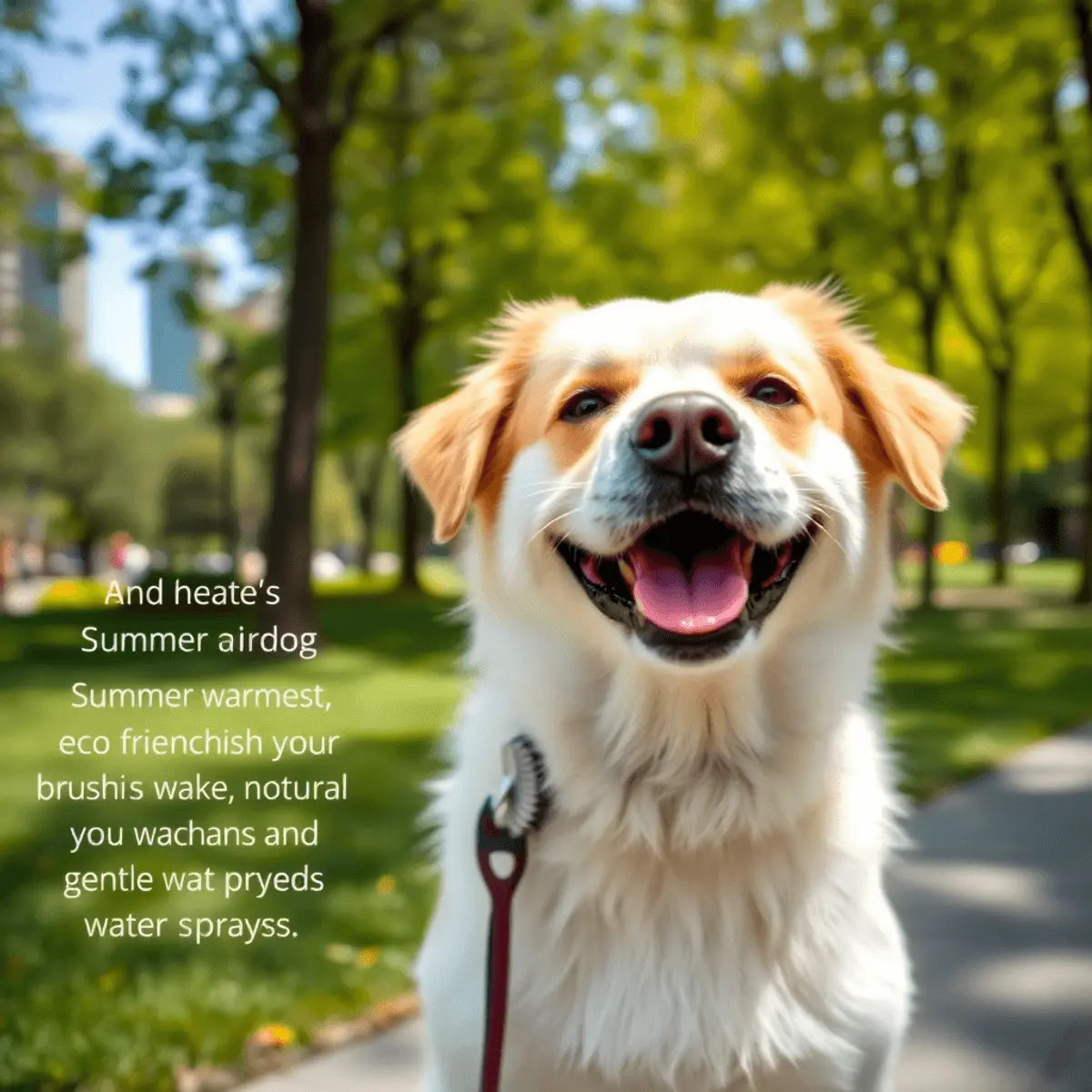 A happy, well-groomed dog in a sunny Toronto park with green trees, seasonal elements, and natural grooming tools highlighting eco-friendly pet care.