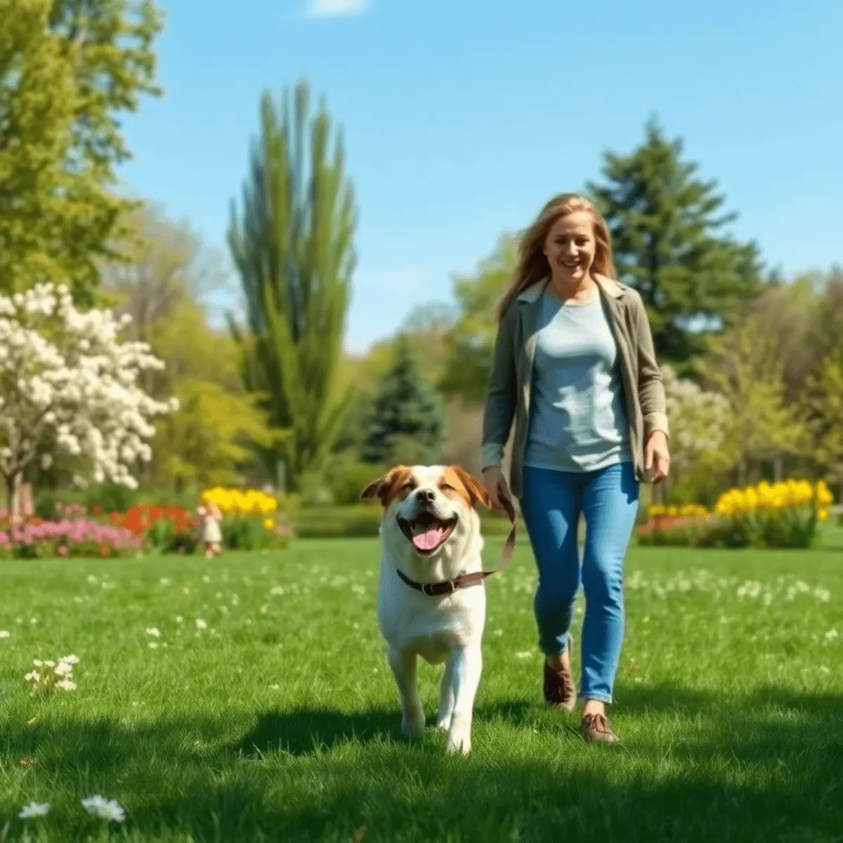 A cheerful person walking a happy dog in a lush green park with blooming flowers and clear blue skies.