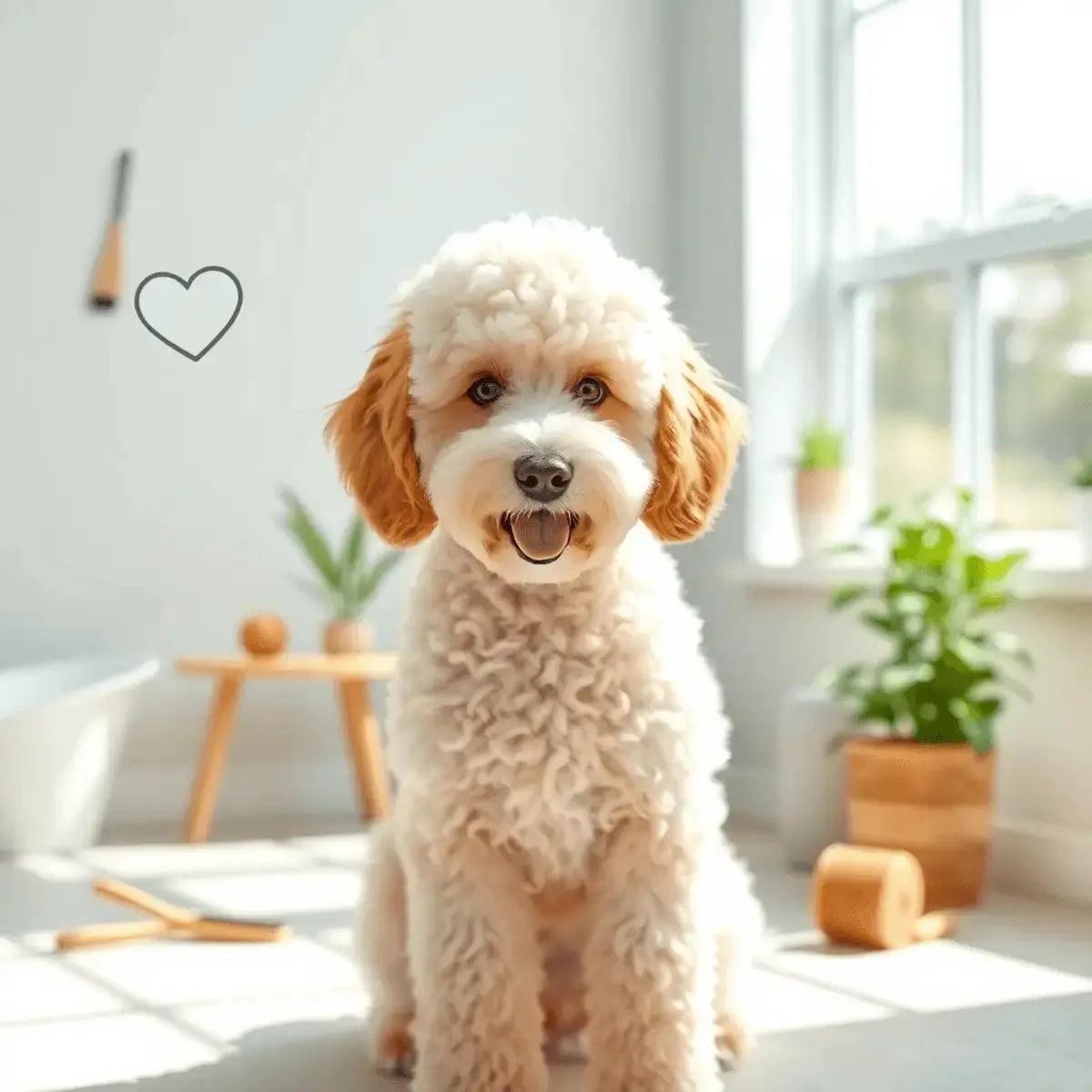 A well-groomed Poodle or Doodle mix sitting indoors with soft natural light, grooming brushes nearby, and gentle greenery, creating a cozy, allergy-friendly atm