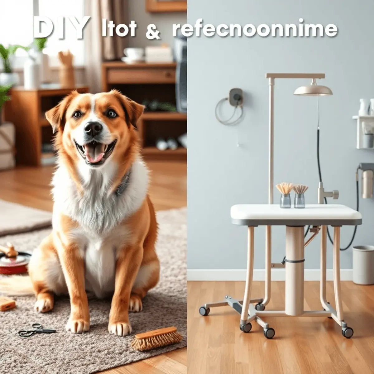 A happy dog sitting on a cozy floor with grooming tools beside it, next to a professional pet grooming salon setup with a grooming table and equipment.