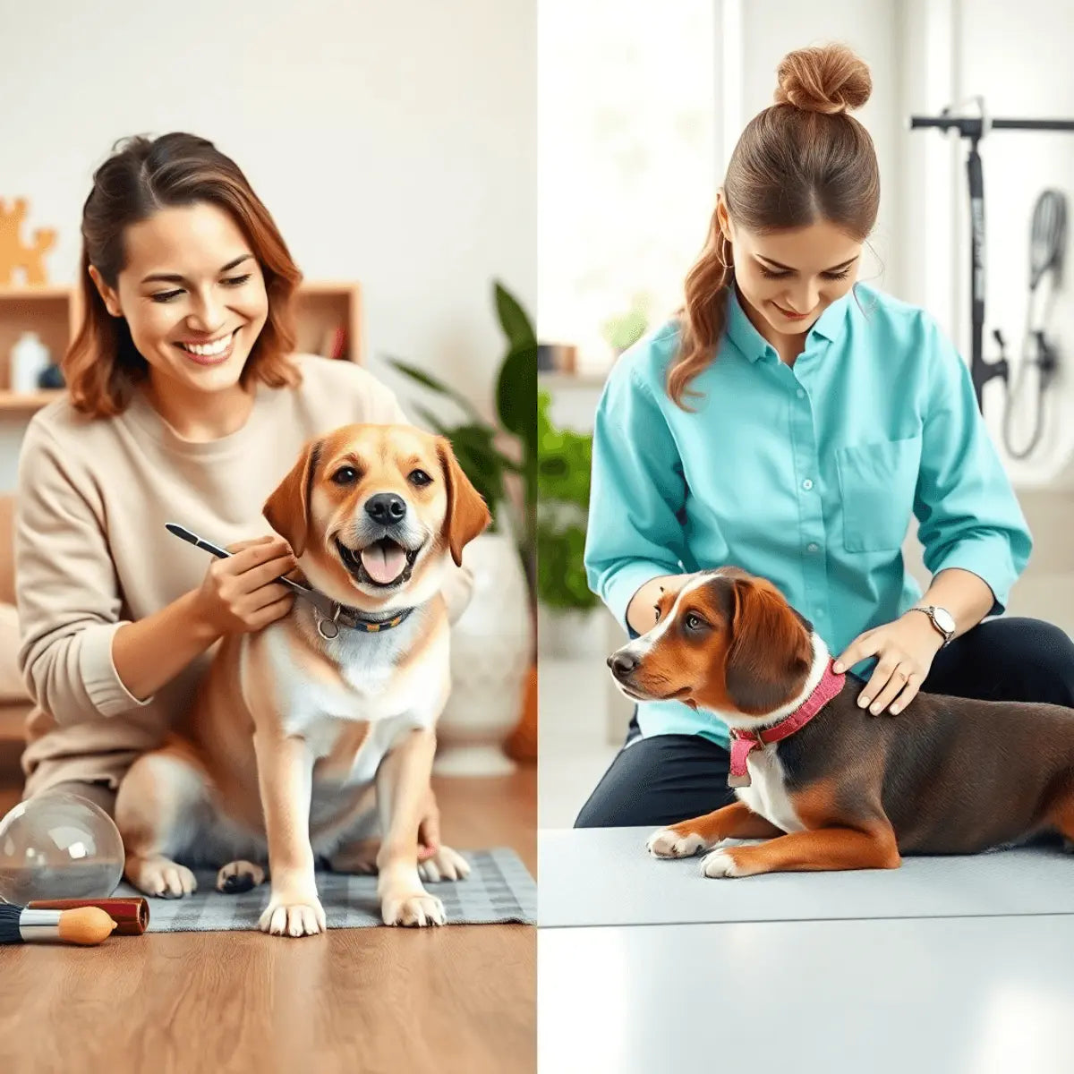 A warm scene of a pet owner grooming a content dog at home and a professional groomer trimming a relaxed dog in a bright, clean salon.