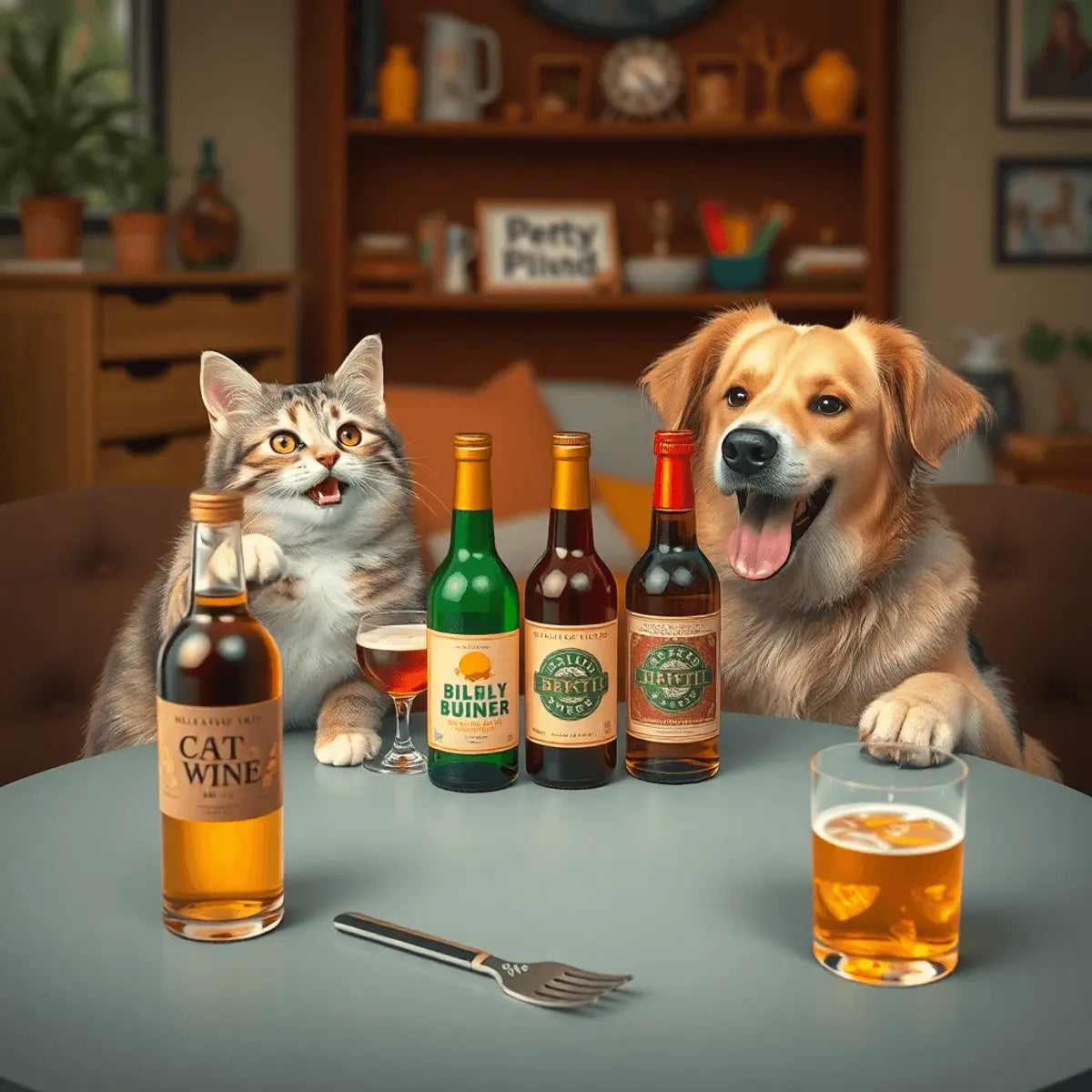 A cozy home scene with a cat and dog enjoying pet-friendly beverages like cat wine and dog beer on a table.