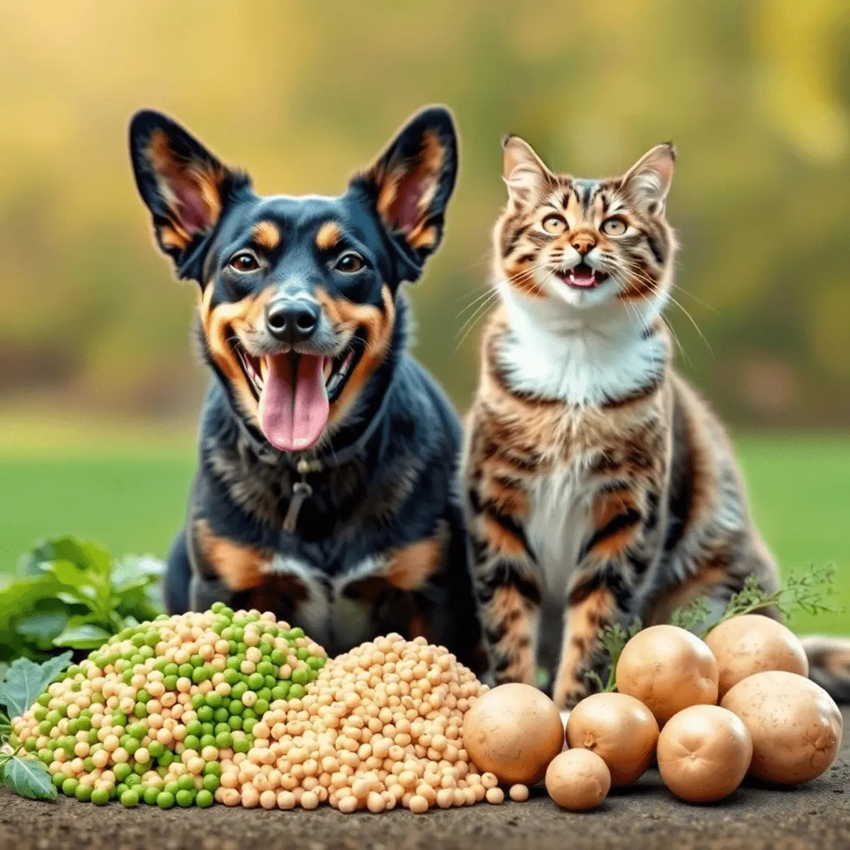 A happy dog and cat sitting outdoors surrounded by peas, lentils, chickpeas, and potatoes, symbolizing grain-free natural pet nutrition.