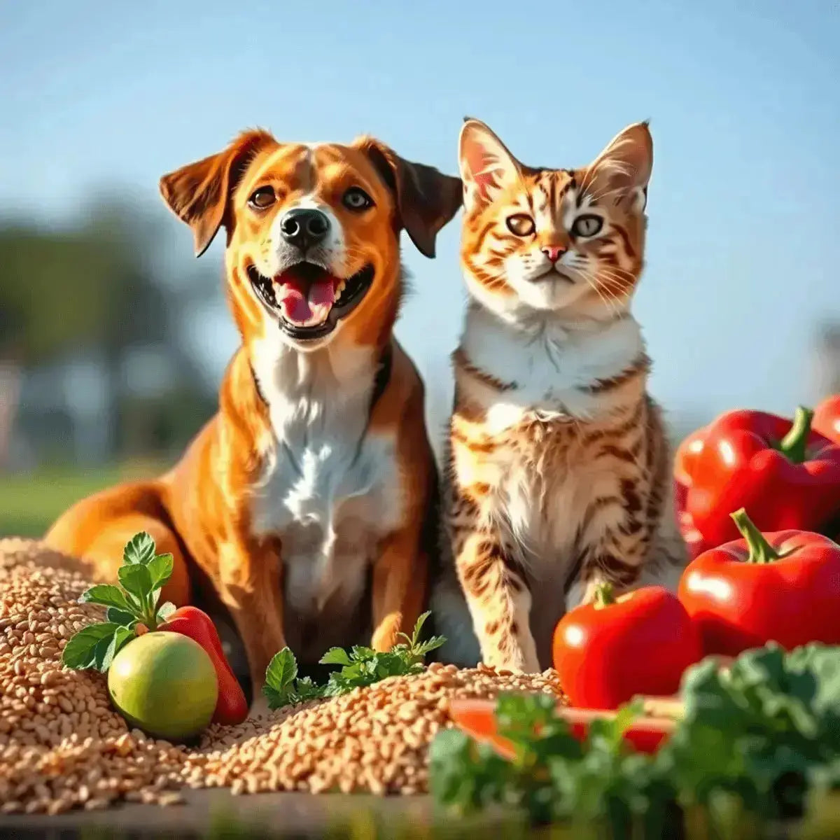 A healthy dog and cat sitting outdoors among grains and fresh vegetables, bathed in soft sunlight highlighting their shiny coats and energetic posture.