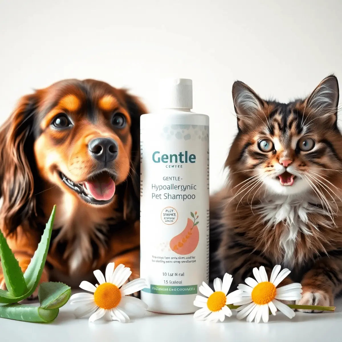 Close-up of hypoallergenic pet shampoo bottle beside a happy dog and cat with shiny coats, surrounded by aloe vera and chamomile flowers.
