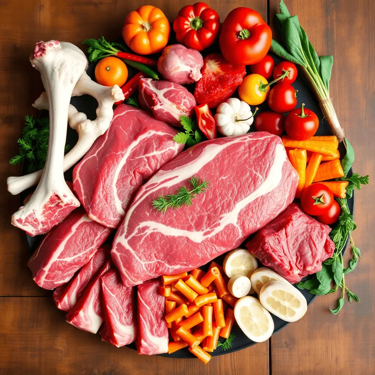 A rustic wooden spread of fresh raw meat, bones, organ meats, colorful vegetables, and fruits for a healthy pet diet.