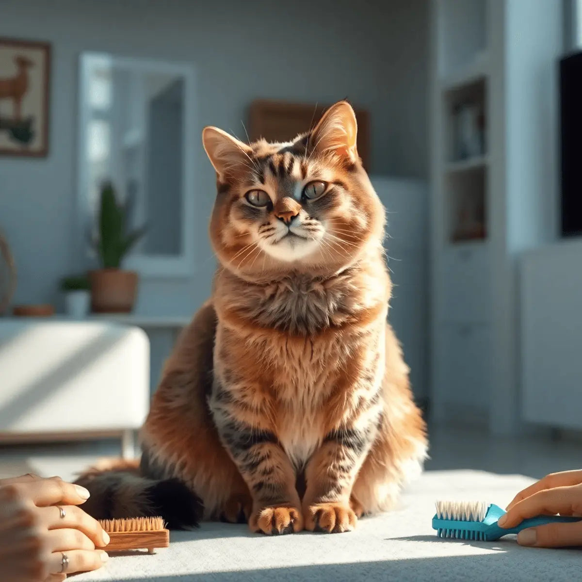 A calm, well-groomed cat with shiny fur sitting in a modern apartment, surrounded by soft brushes and gentle hands, bathed in natural light.