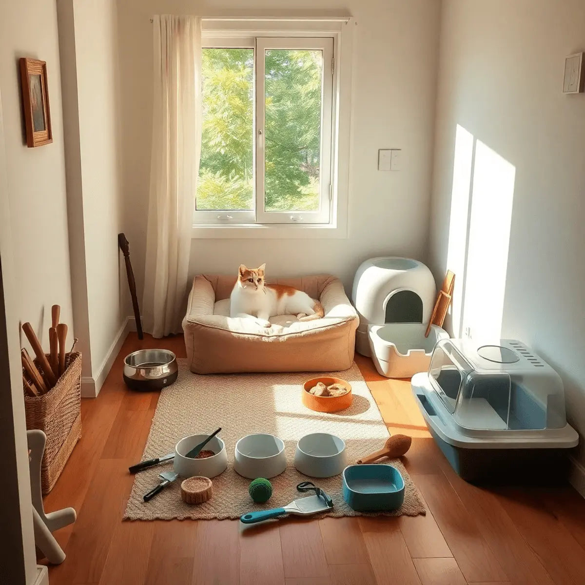 Sunlit cozy corner with a soft cat bed, food and water bowls, litter box, grooming brushes, and cat toys neatly arranged on a wooden floor.