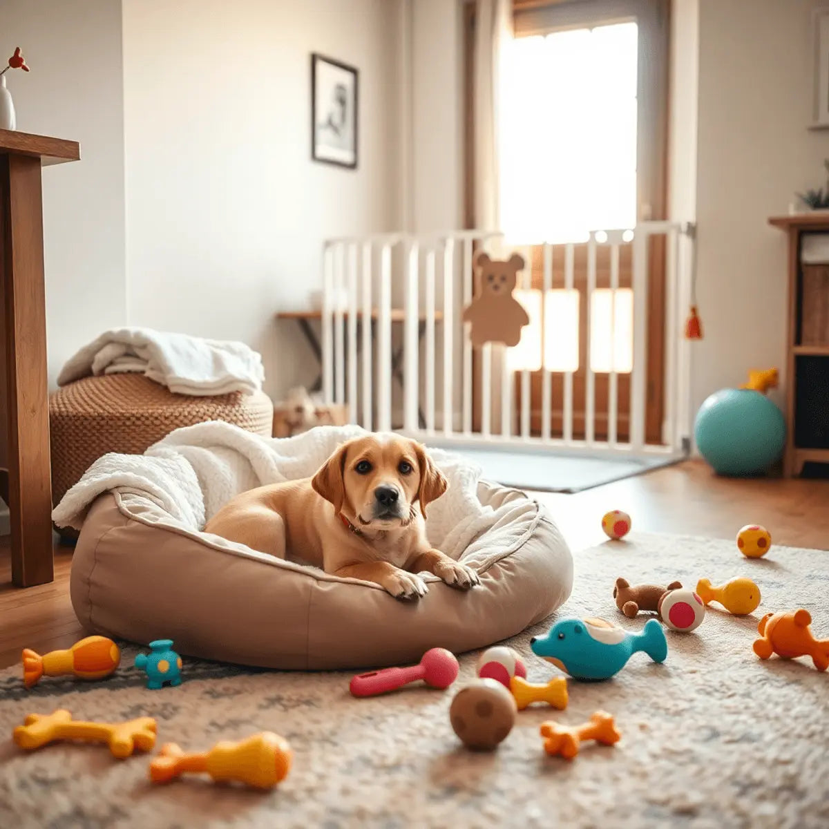 Cozy home interior with a comfortable dog bed, colorful toys scattered nearby, indoor puppy gate, and natural light streaming through a window.