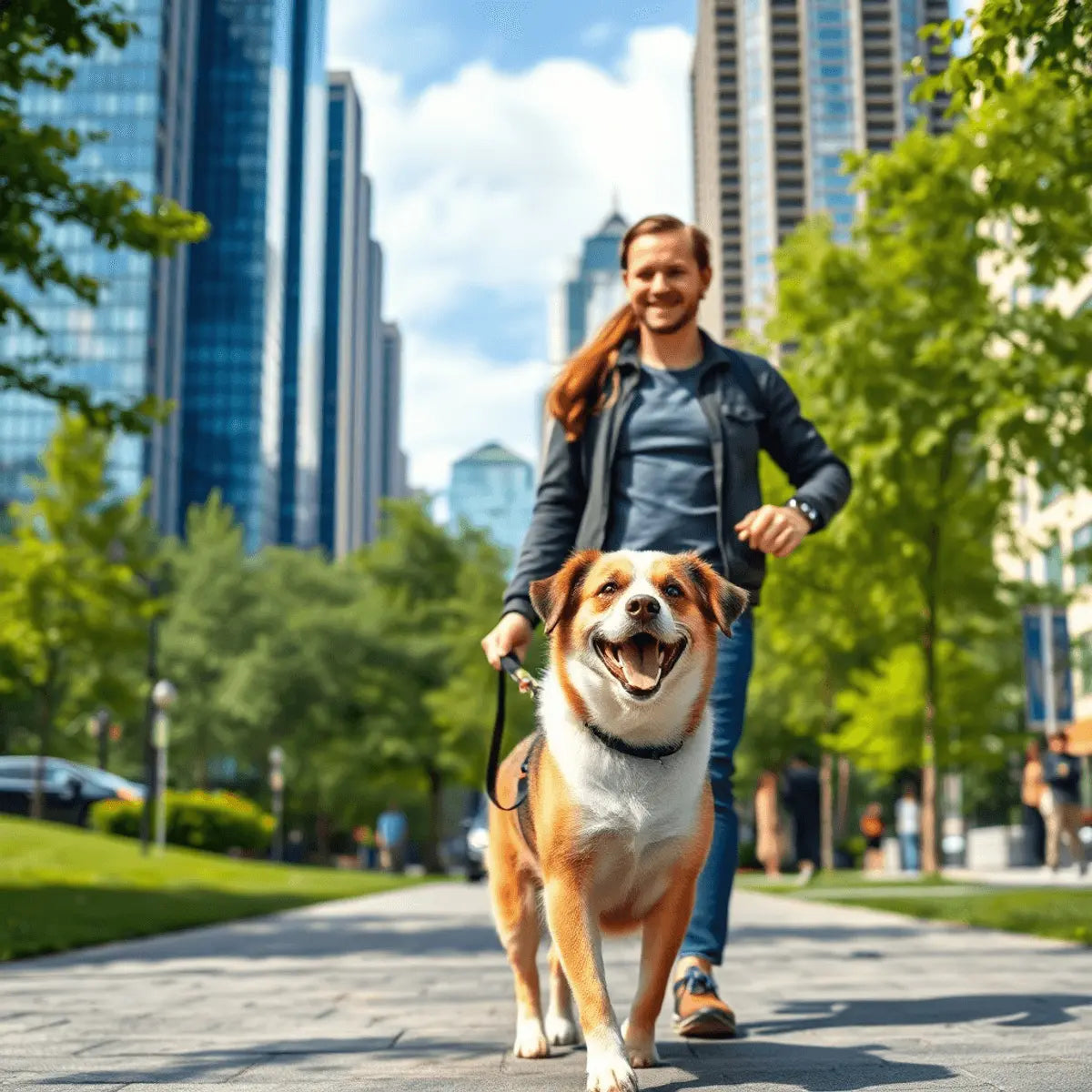 Person joyfully walking a dog on a sturdy leash in a busy urban park with tall buildings, green trees, and clear skies.