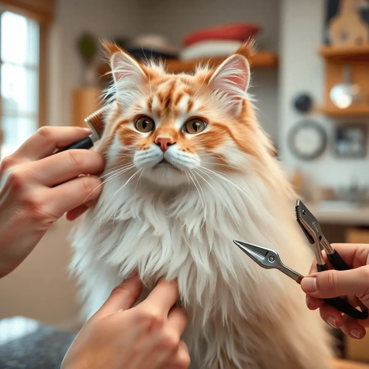 A fluffy long-haired cat being gently groomed with brushes and nail clippers in a bright, cozy pet salon.