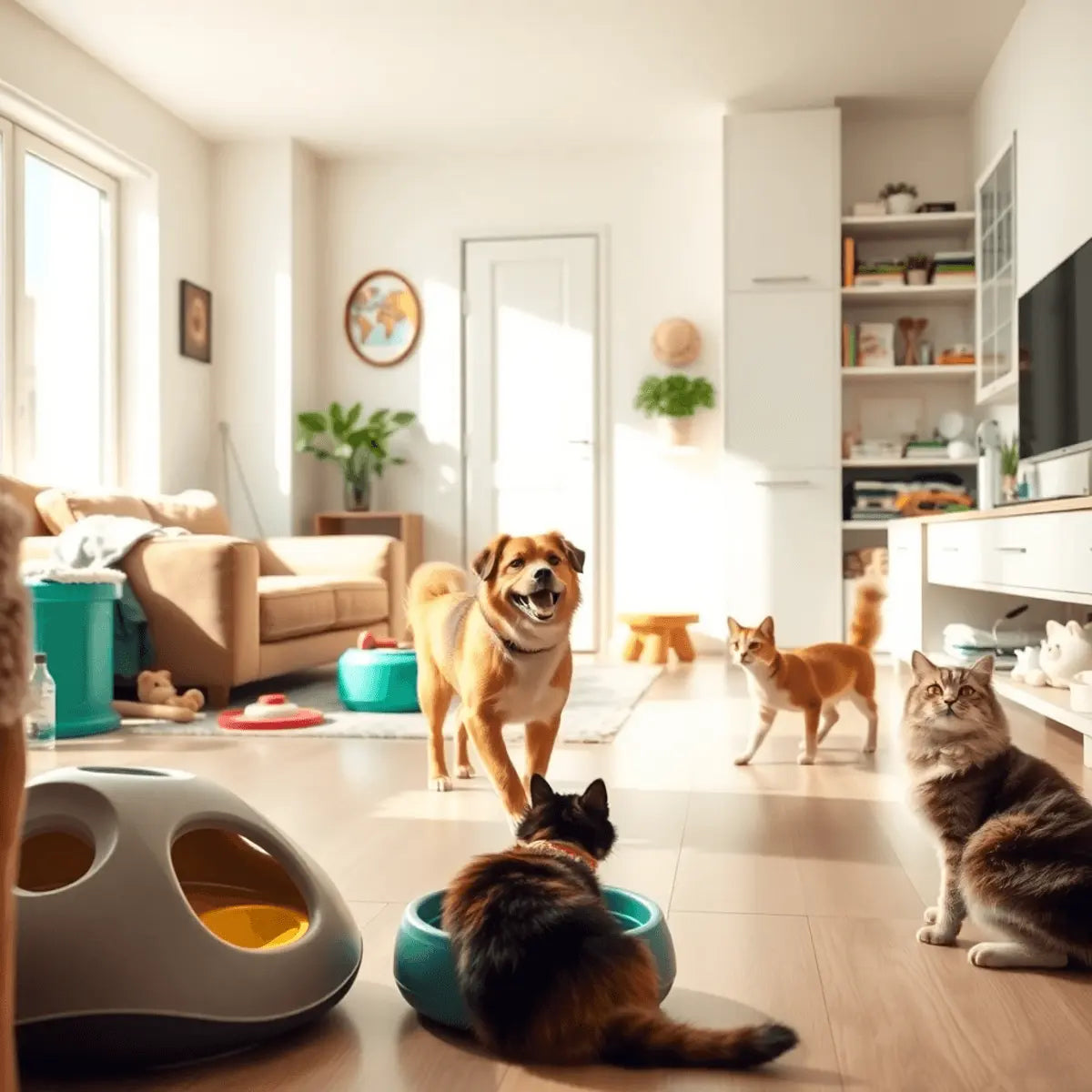 Bright, cozy living room with a dog and cat playing on clean floors, surrounded by pet toys and grooming supplies in a tidy, pet-friendly home.