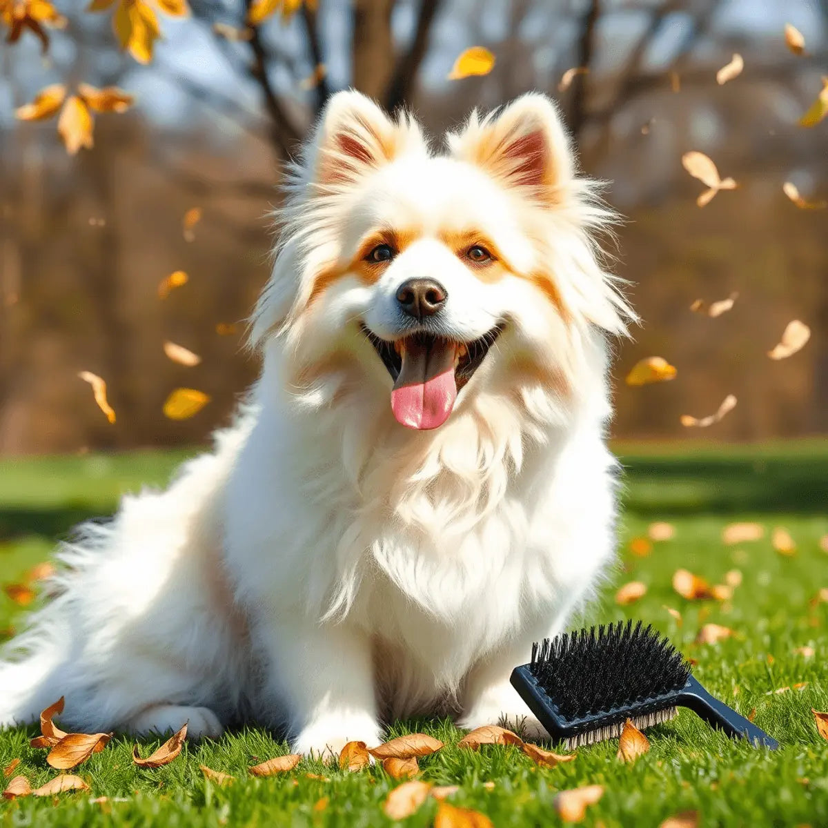 A fluffy double-coated dog outdoors on a sunny spring day, surrounded by falling leaves and fur particles, with grooming tools on grass nearby.