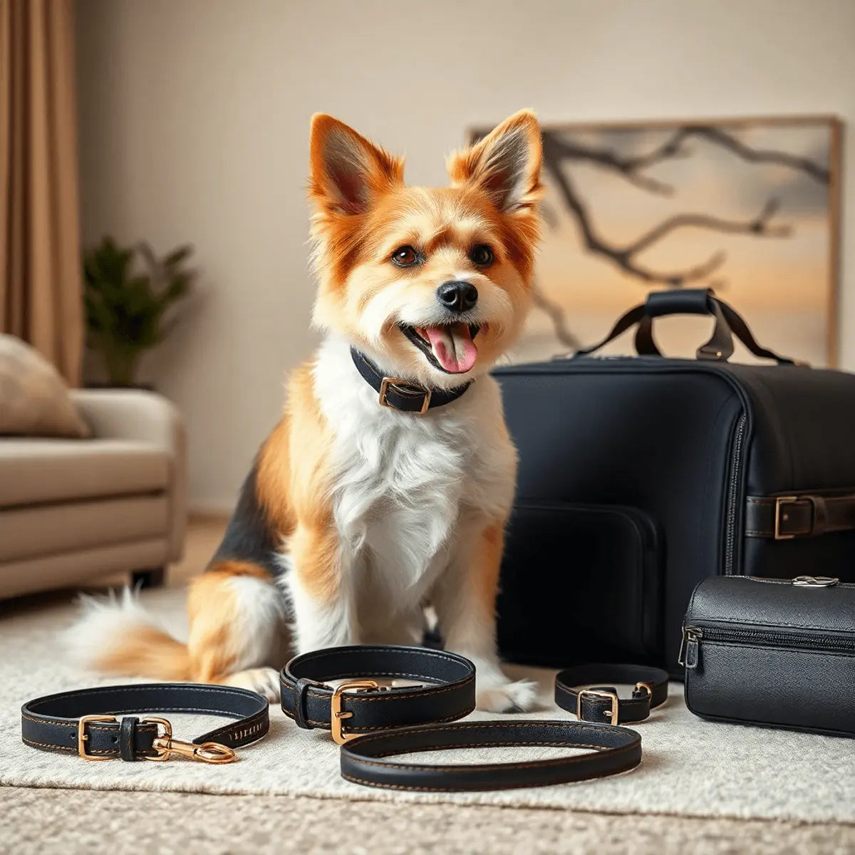 Elegant pet collar and leash set with a luxury carrier and travel accessories, showcased in a stylish home setting with a well-groomed dog.