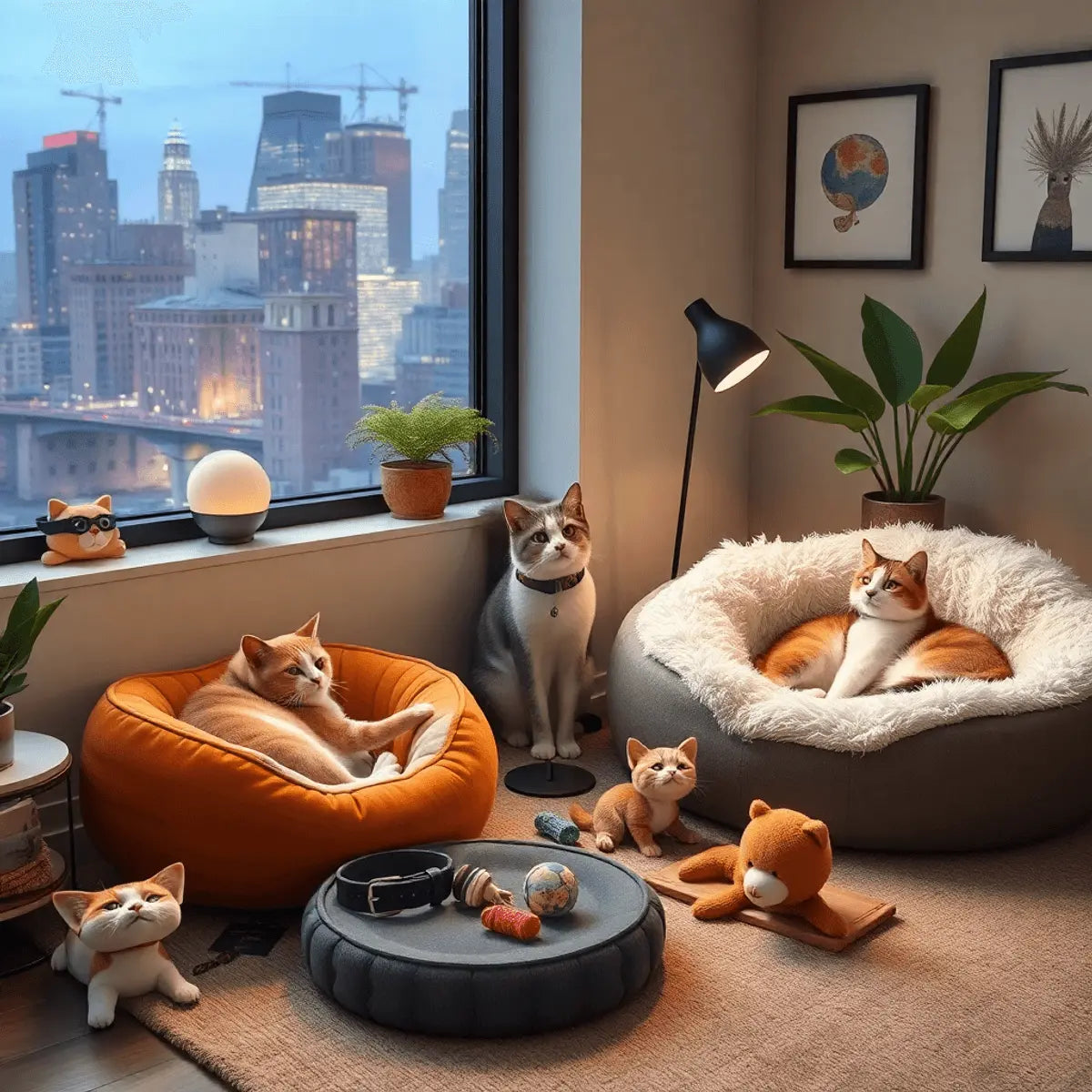 Cozy urban apartment interior with stylish cat accessories and a city skyline visible through the window.