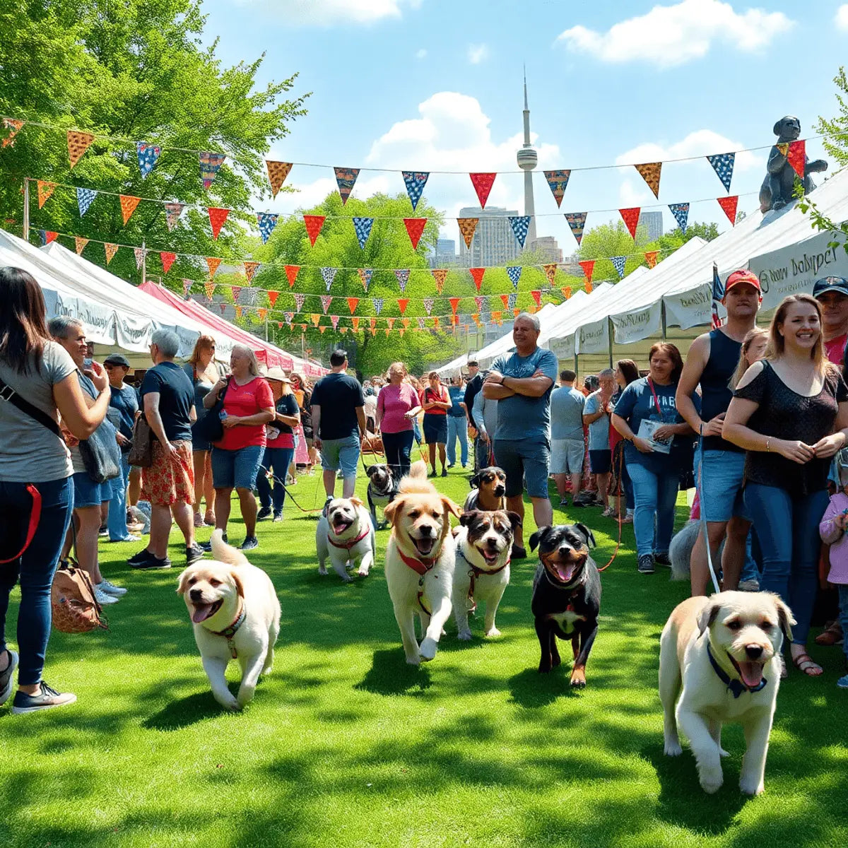 People and dogs enjoying a sunny day at a lively outdoor dog festival with colorful tents and festive decorations in a lush park.