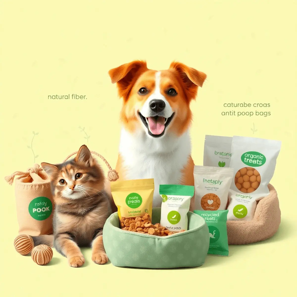 A happy dog and cat with eco-friendly pet supplies on a soft green leafy background symbolizing nature and sustainability.