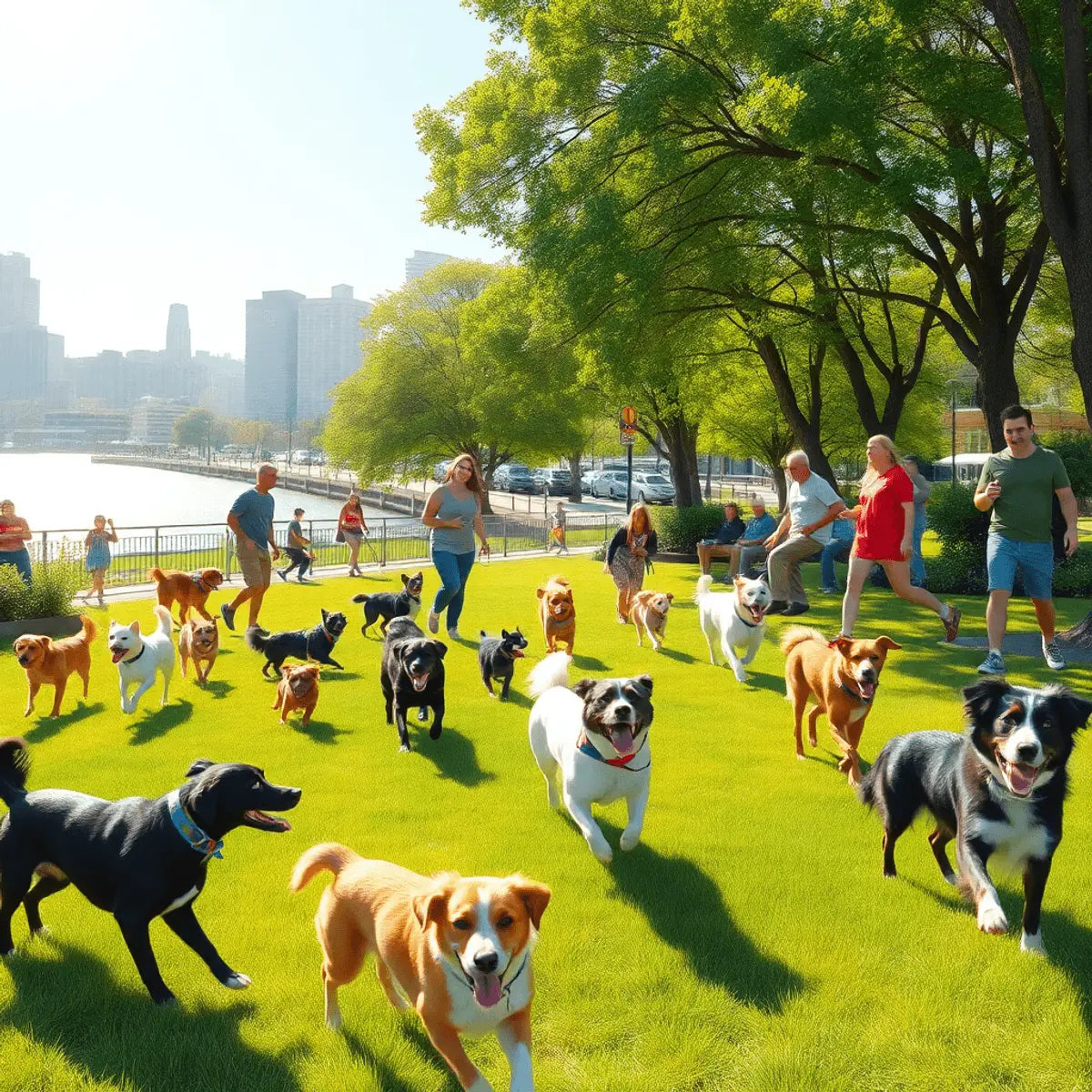 Sunlit dog park with various dogs playing, lush greenery, trees, waterfront, and happy owners interacting in a vibrant urban setting.