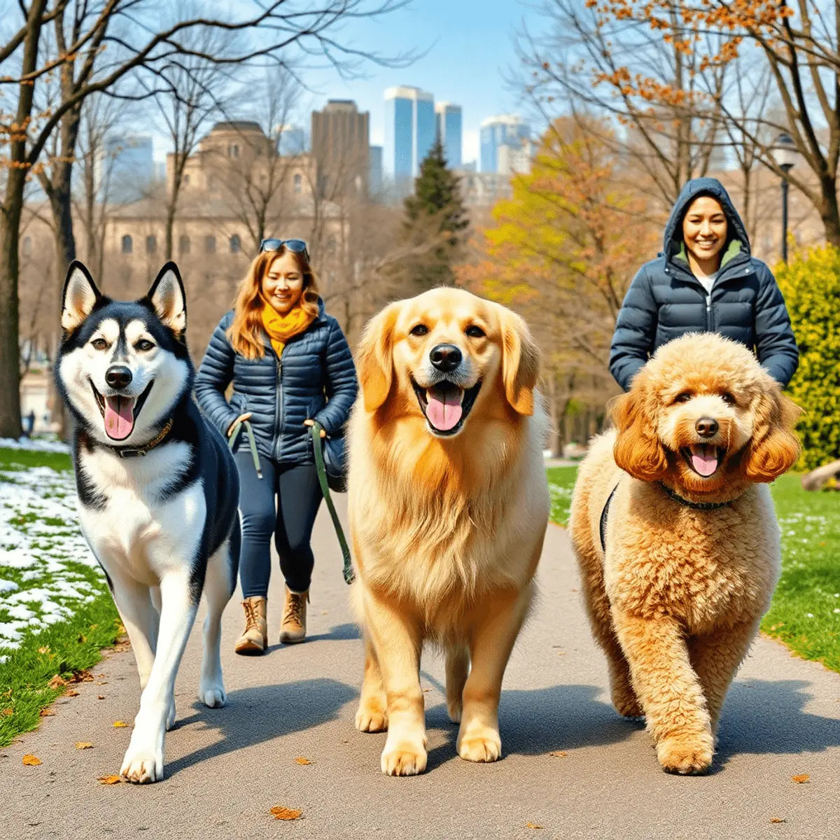 Several happy dogs, including a Husky, Golden Retriever, and Poodle, walk with smiling owners in a vibrant Toronto park with snow and greenery.