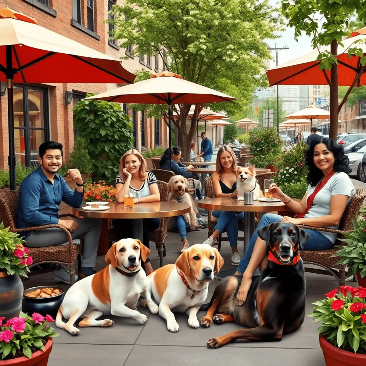 Outdoor patio with dog owners dining, dogs lounging nearby, shaded seating, greenery, flowers, and a subtle cityscape in the background.