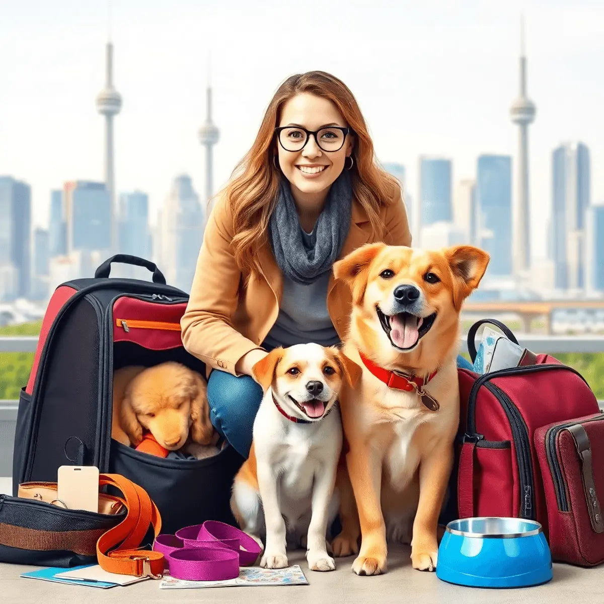 A happy woman packing a travel bag with pet essentials next to her cheerful dog, with travel items and Toronto skyline in the background.