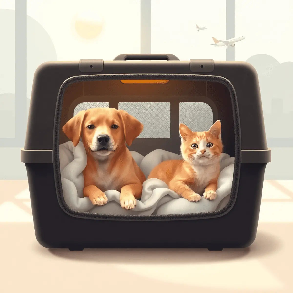 A relaxed dog and cat inside a cozy pet carrier with soft blankets, gentle natural light, and a subtle airport background symbolizing travel and safety.